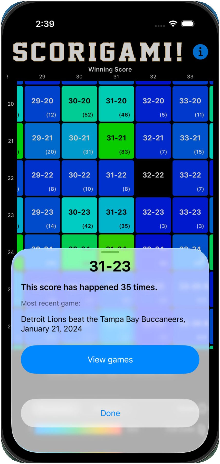 Scorigami app screenshot 1